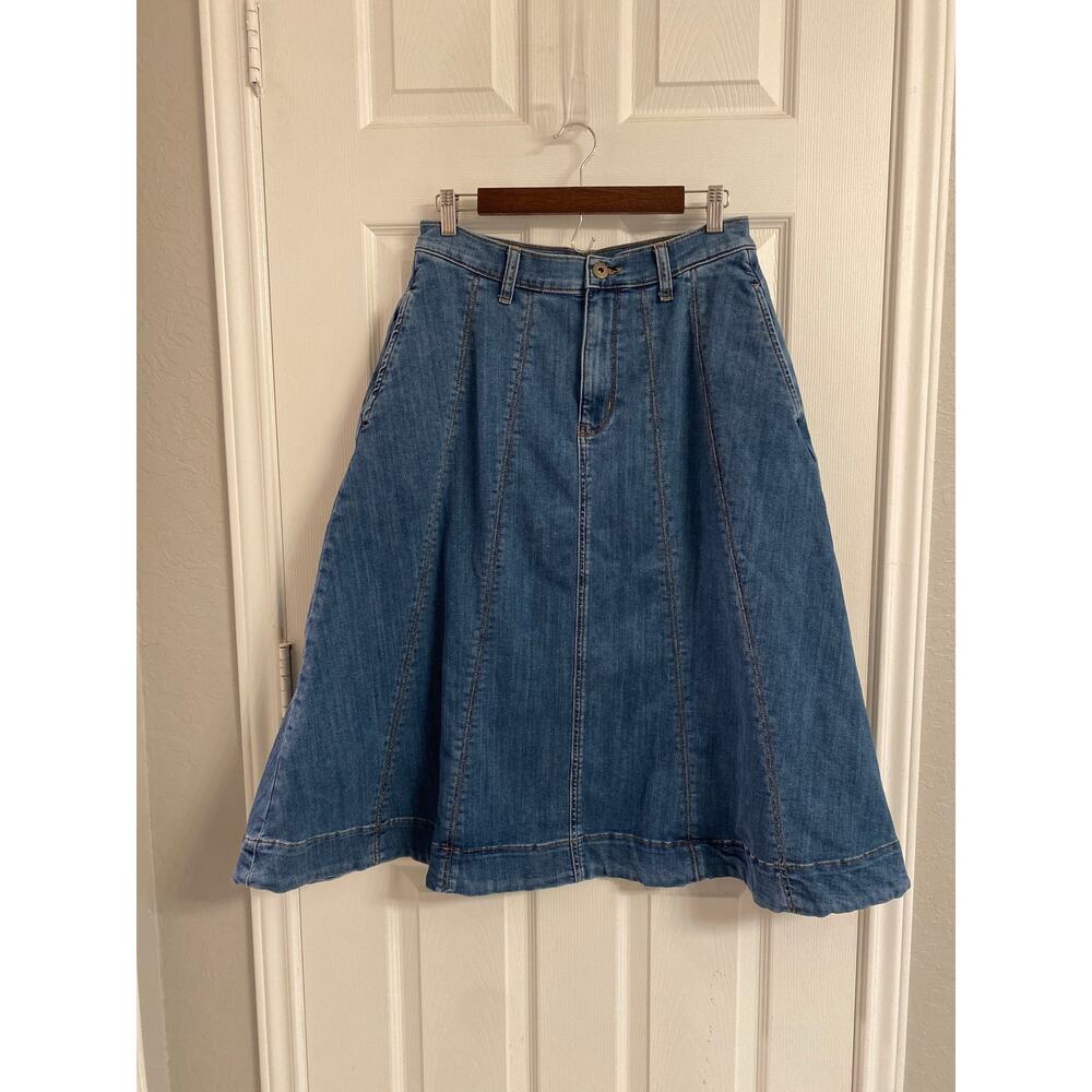 Grandmacore St. John’s Bay Midi Denim Skirt Size 8 Paneled A-Line Blue Modest
